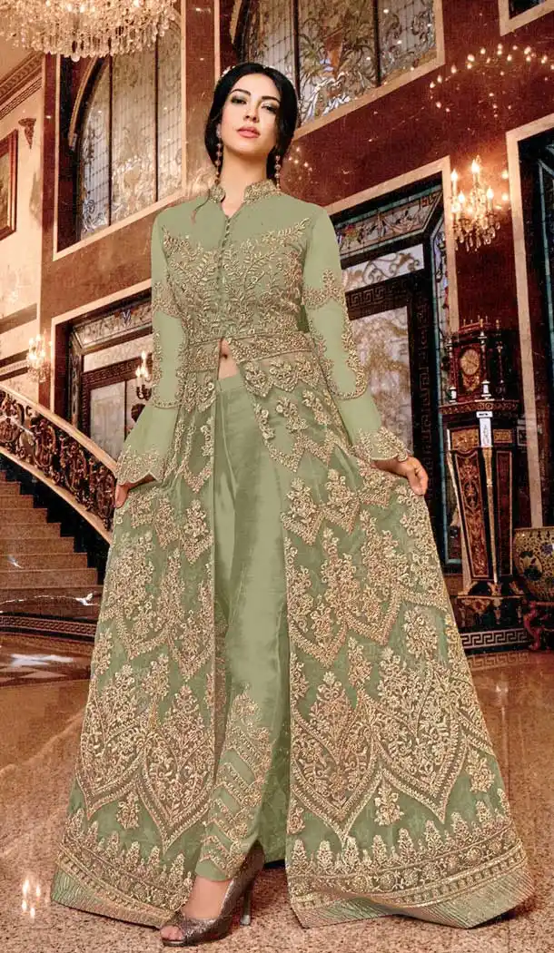 Mahendi Color Soft Net Designer Pakistani Style Salwar Kameez -fz6635353