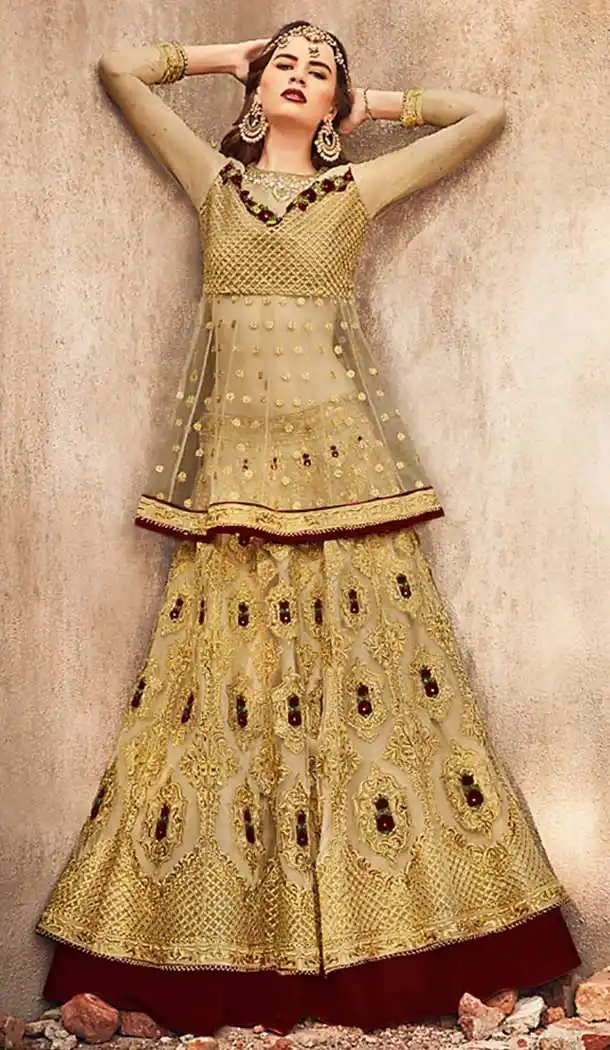 Golden With Brown Color Net Designer Pakistani Style Lehenga Suit -fz6655364