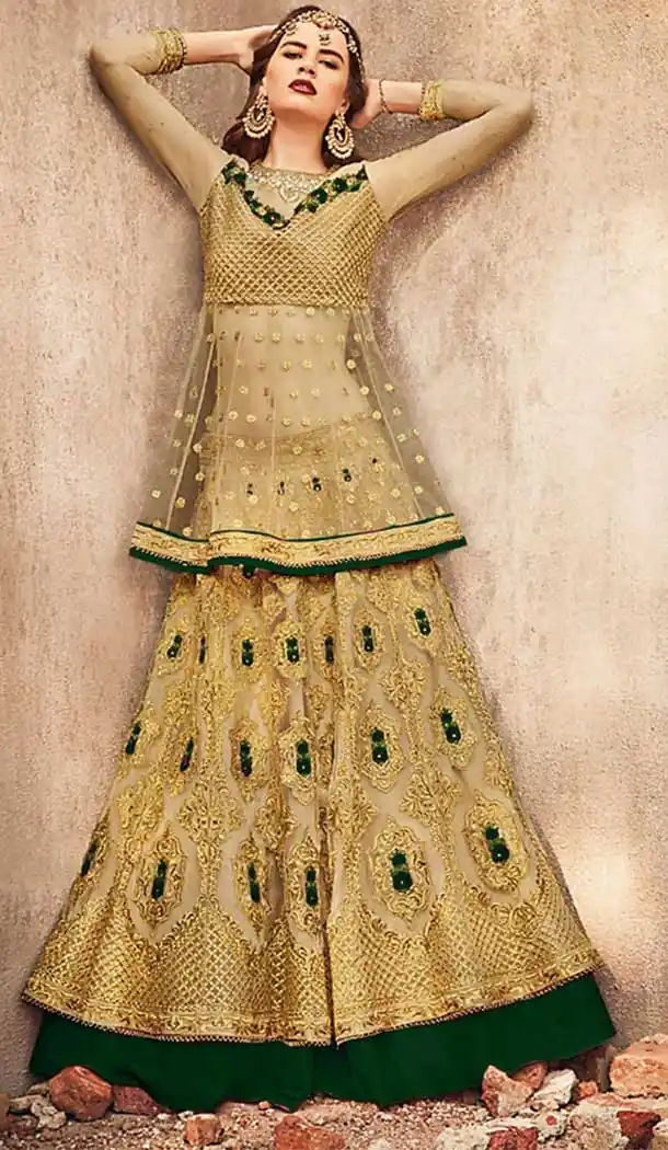 Golden With Green Color Net Designer Pakistani Style Lehenga Suit -fz6655365