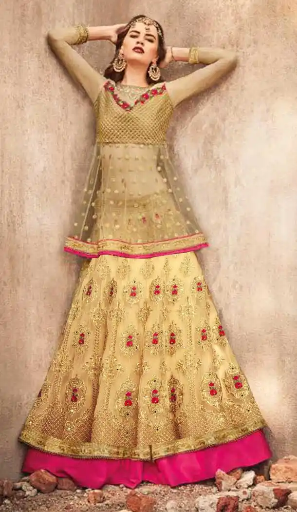 Golden With Pink Color Net Designer Pakistani Style Lehenga Suit -fz6655366