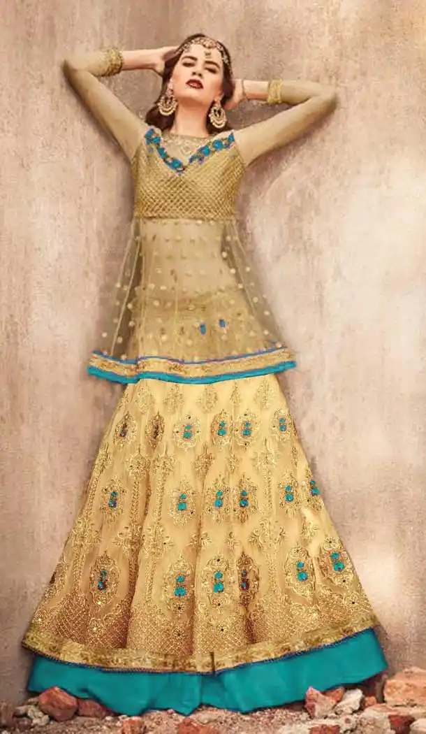 Golden With Rama Color Net Designer Pakistani Style Lehenga Suit -fz6655367