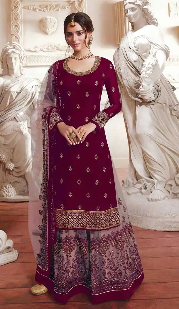 Maroon Color Net Designer Pakistani Style Sharara Suit -fz6665370