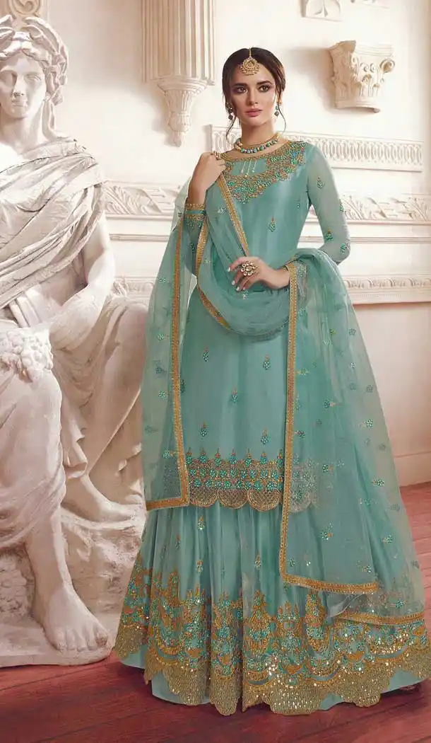 Sky Blue Color Net Designer Pakistani Style Sharara Suit -fz6665372