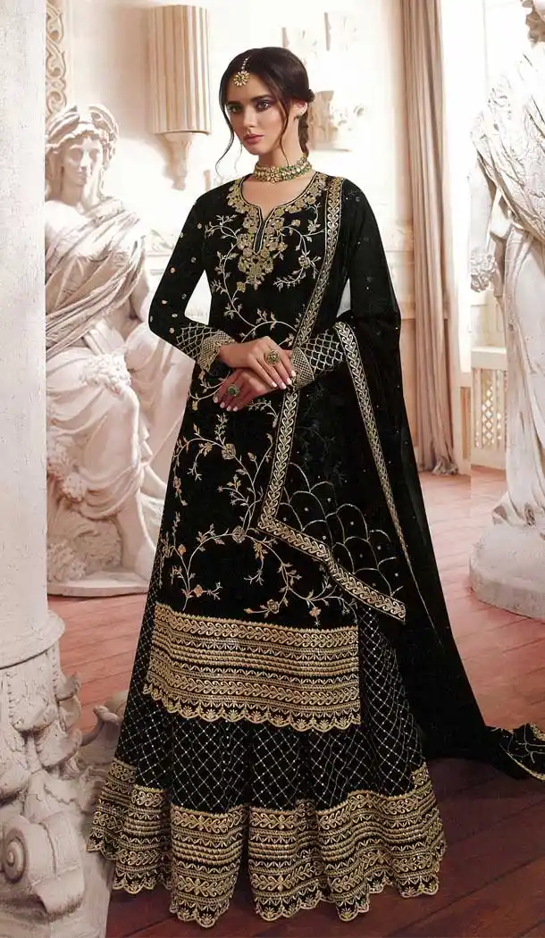 Black Color Faux Georgette Designer Pakistani Style Sharara Suit -fz6665373
