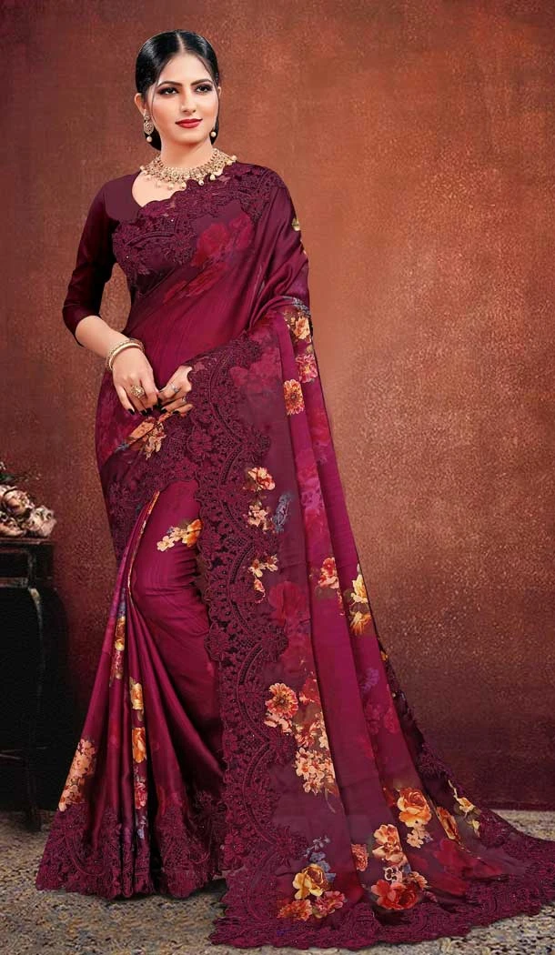 Charming Maroon Color Satin Georgette Digital Printed Designer Saree Blouse -fz6675376