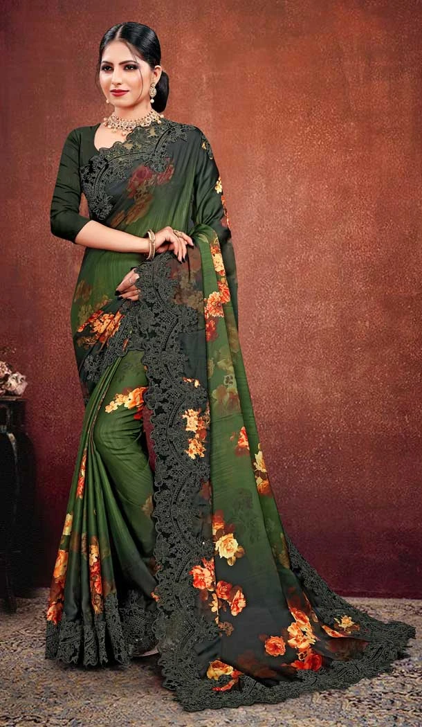 Green Color Satin Georgette Digital Printed Designer Saree Blouse -fz6675377