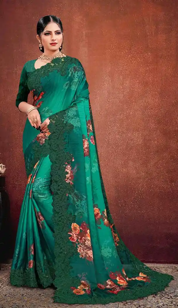 Charming Green Color Satin Georgette Digital Printed Designer Saree Blouse -fz6675378