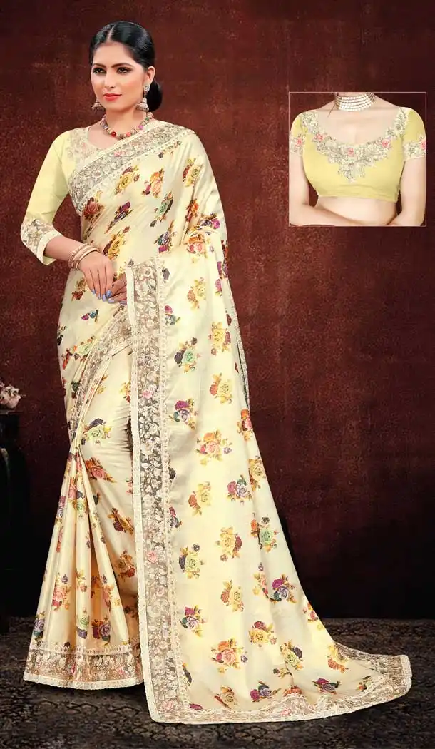 Adorable Cream Color Satin Georgette Digital Printed Designer Saree Blouse -fz6675379