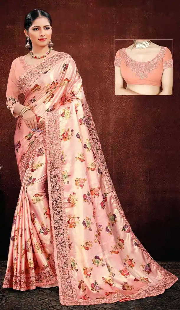 Flamboyant Pink Color Satin Georgette Digital Printed Designer Saree Blouse -fz6675380