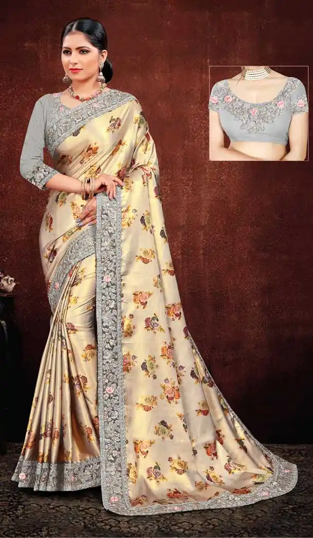 Adorable Cream Color Satin Georgette Digital Printed Designer Saree Blouse -fz6675381