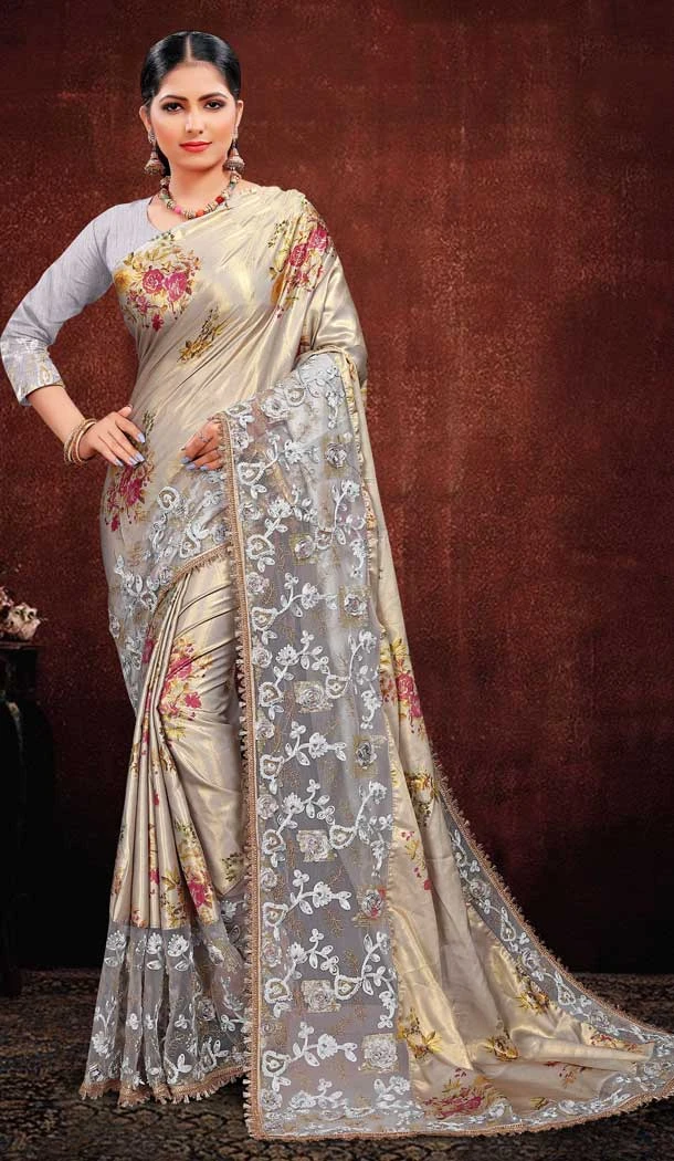 Grey Color Satin Georgette Digital Printed Designer Saree Blouse -fz6675385