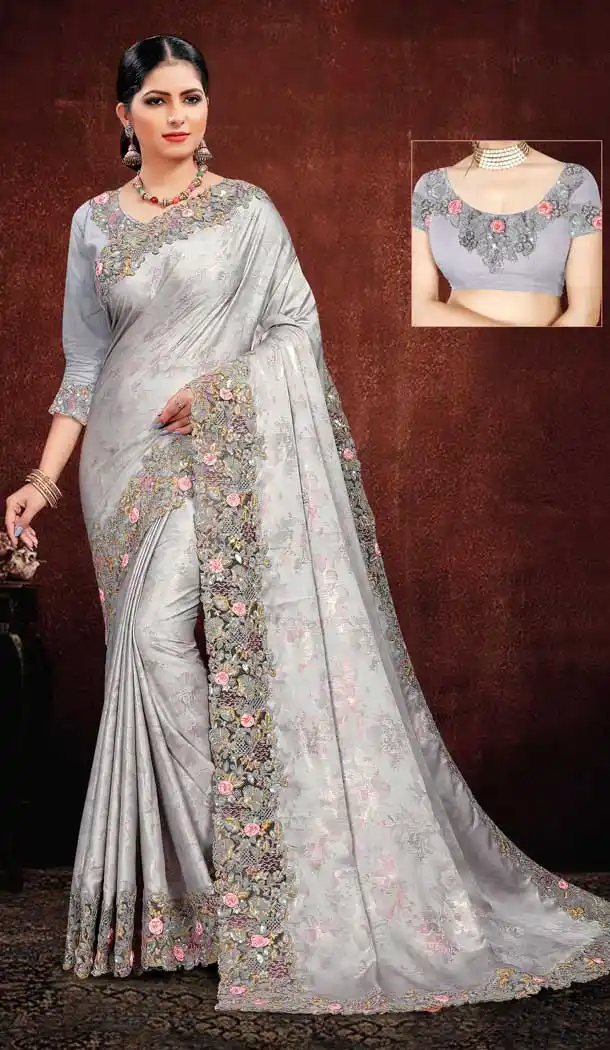 Captivating Grey Color Satin Georgette Digital Printed Designer Saree Blouse -fz6675387