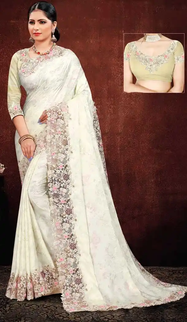 White Color Satin Georgette Digital Printed Designer Saree Blouse -fz6675389