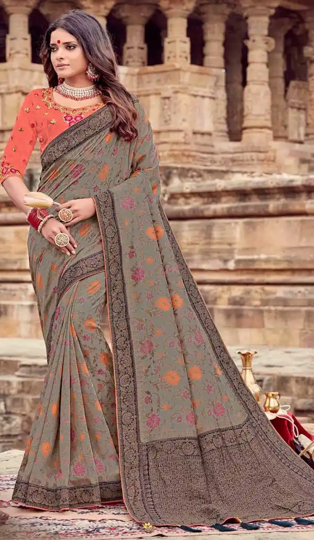 Grey Color Chanderi Silk Mix With Nylon Designer Party Wear Saree -794497076
