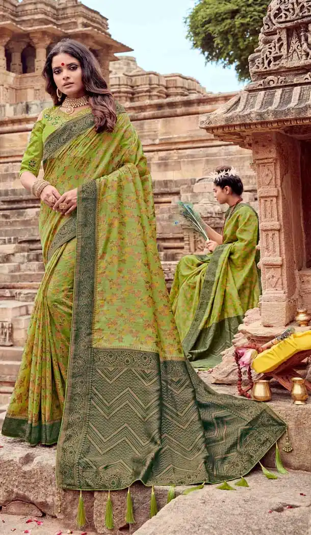 Olive Green Color Chanderi Silk Mix With Nylon Designer Party Wear Saree -794497078