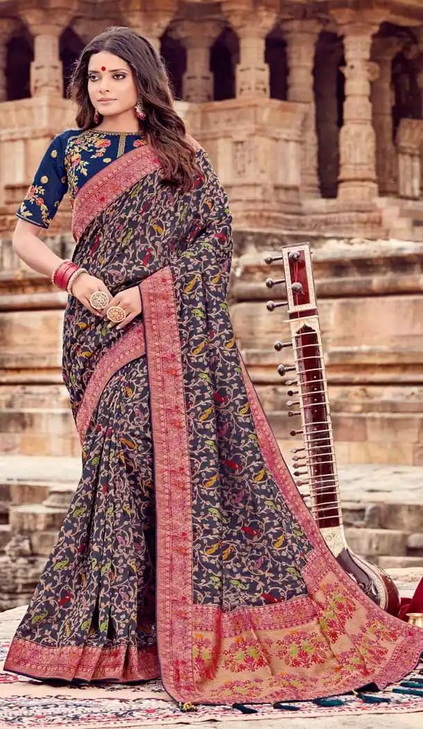 Navy Blue Color Chanderi Silk Mix With Nylon Designer Party Wear Saree -794497079