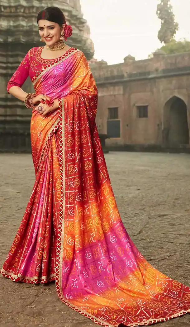Stepping Multi Color Georgette Designer Rajestani Bandhani Style Saree -795297157