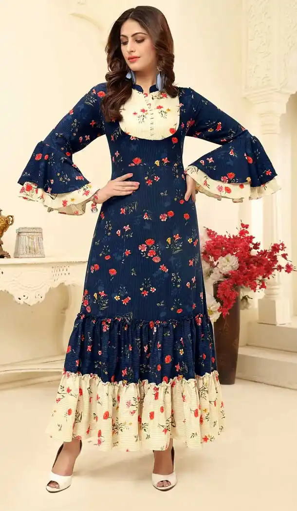 Exquisite Navy Blue Color Rayon Designer Floor Length Readymade Kurti -77136748