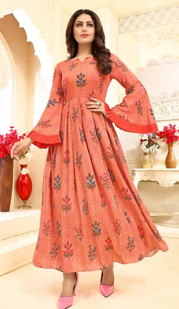 Chic Orange Color Rayon Designer Floor Length Readymade Kurti -77136749