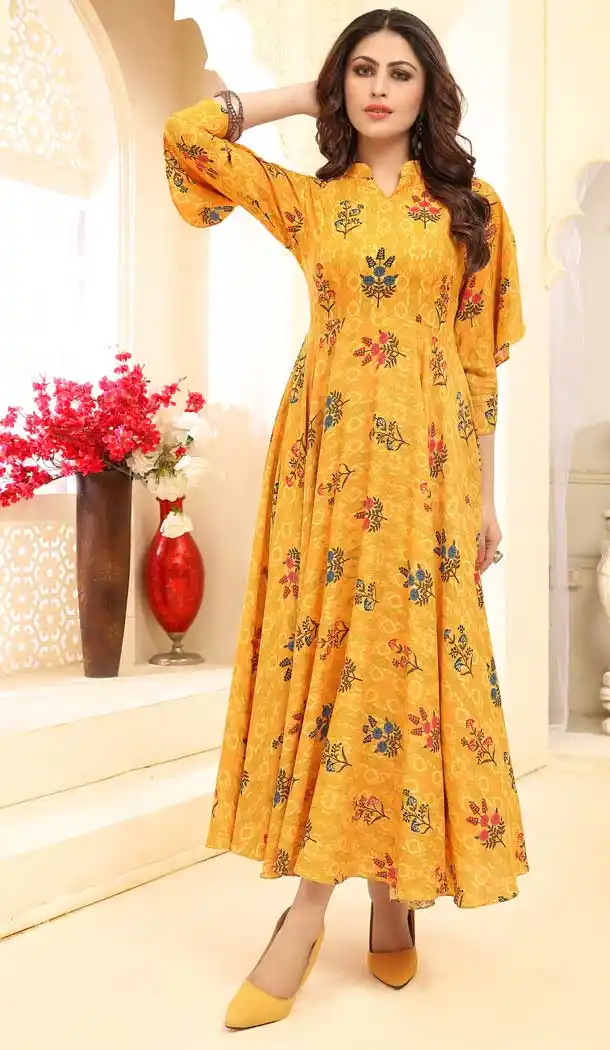 Ethnic Yellow Color Rayon Designer Floor Length Readymade Kurti -77136751