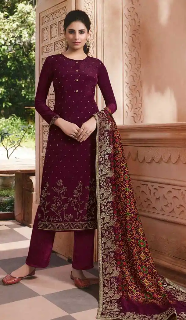 Wine Color Crepe Designer Party Wear Palazzo Salwar Kameez -77306880