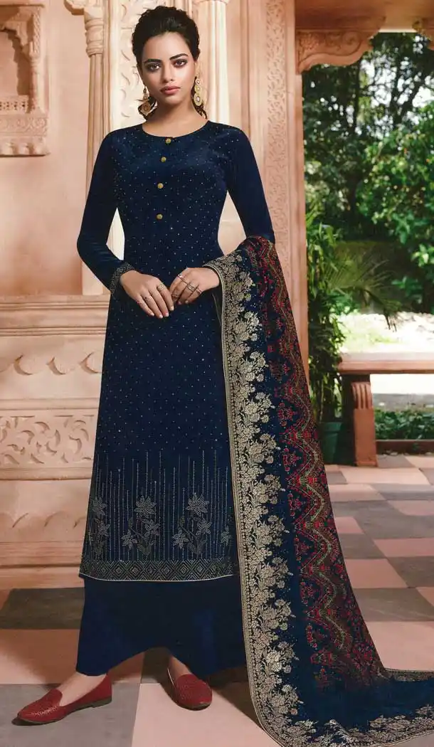 Navy Blue Color Crepe Designer Party Wear Palazzo Salwar Kameez -77306882