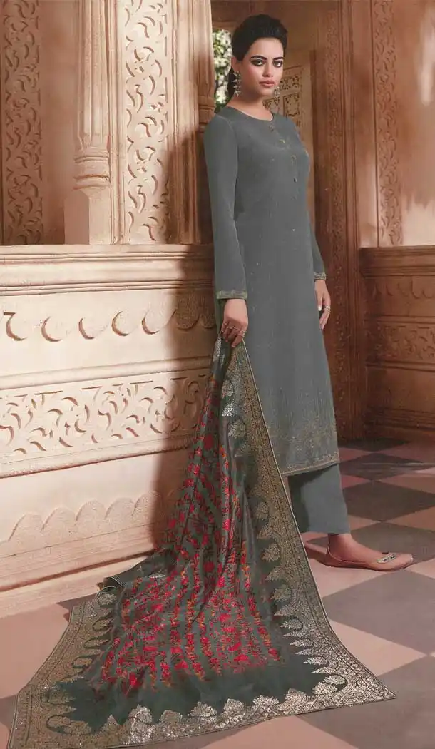 Contemporary Grey Color Crepe Designer Party Wear Palazzo Salwar Kameez -77306883