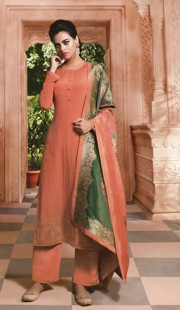 Dark Peach Color Crepe Designer Party Wear Palazzo Salwar Kameez -77306885
