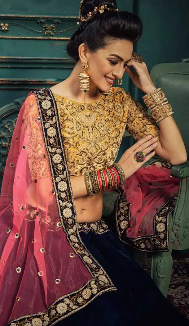 Navy Blue Color Velvet Designer Traditional Wear Lehenga Choli -77477001