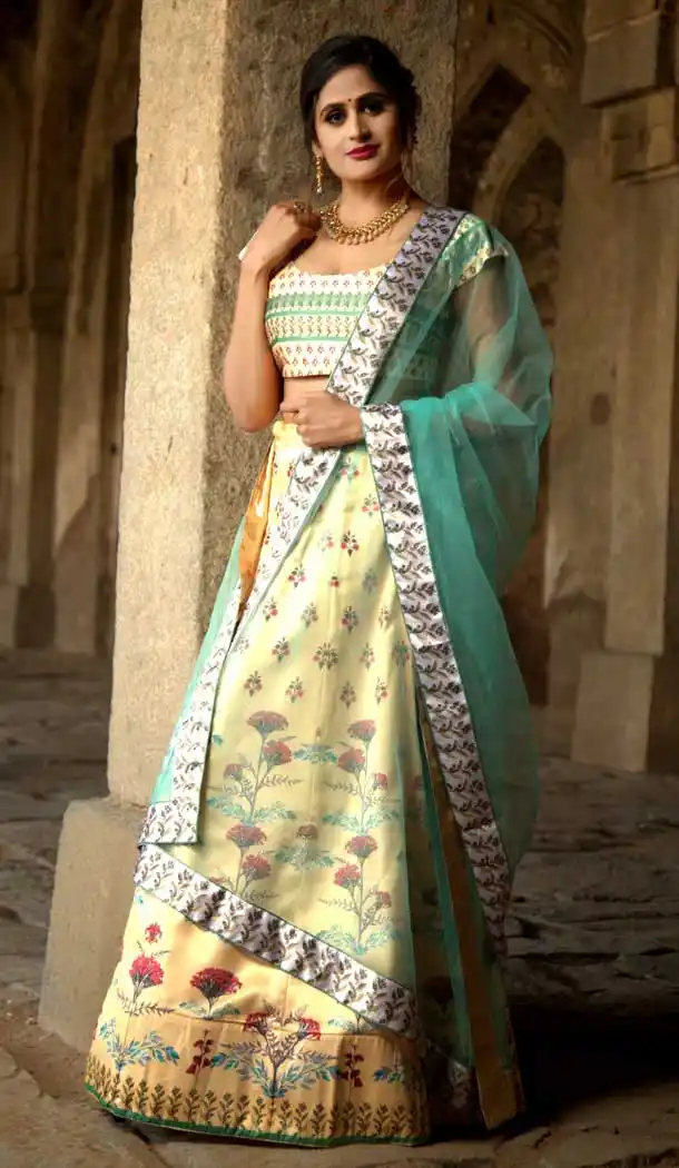 Light Yellow Color Satin Digital Printed Party Wear Lehenga Choli -77647142