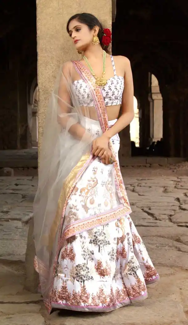 Chic White Color Satin Digital Printed Party Wear Lehenga Choli -77647148