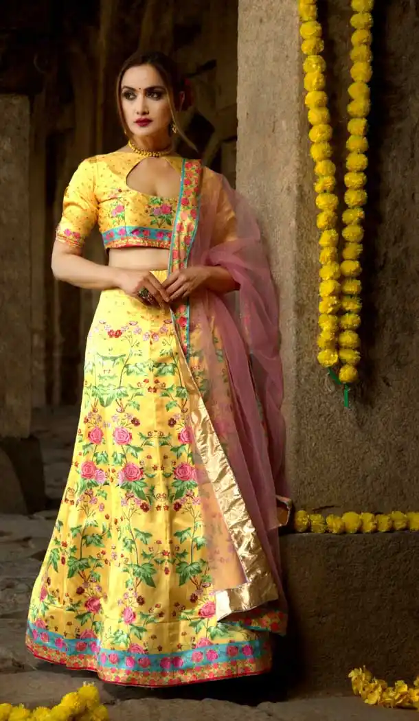 Sparkling Yellow Color Satin Digital Printed Party Wear Lehenga Choli -77647152