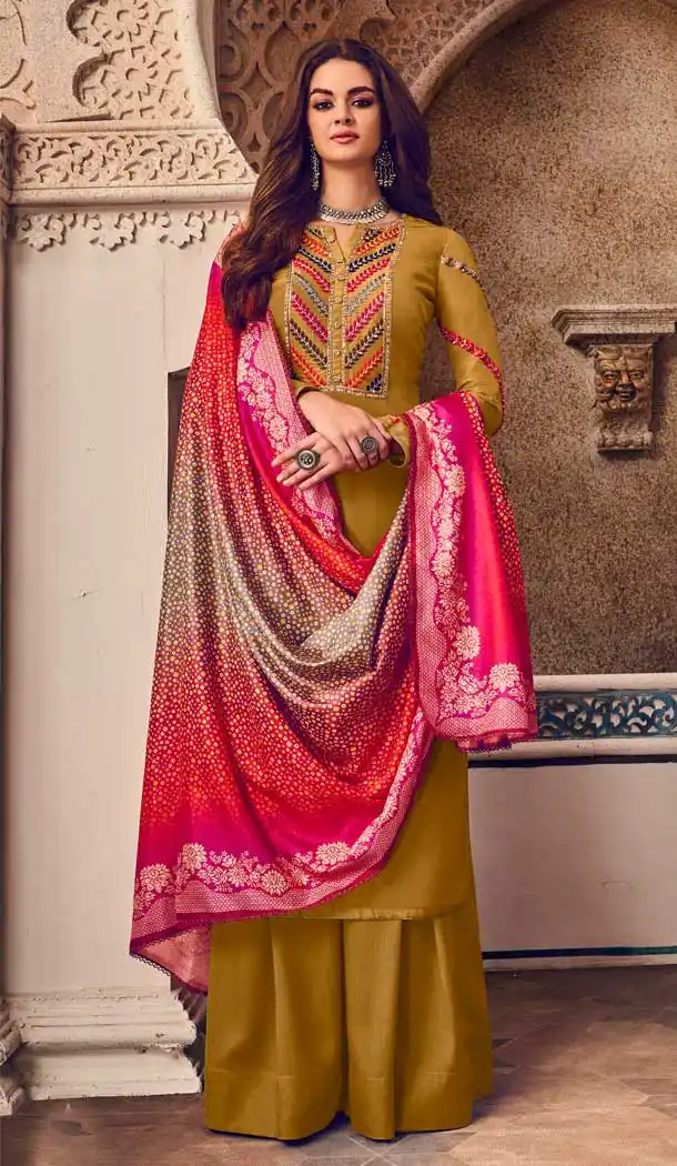 Contemporary Musterd Color Pure Tusar Casual Party Wear Palazzo Salwar Suit -796497258