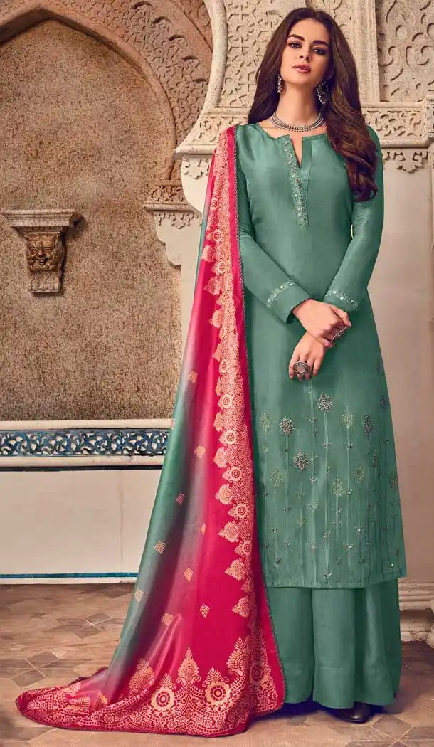 Exotic Sea Green Color Pure Tusar Casual Party Wear Palazzo Salwar Suit -796497259