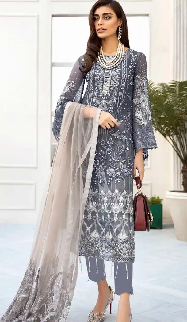 Vivacious Grey Color Butterfly Net Pakistani Style Party Wear Dresses -798697465
