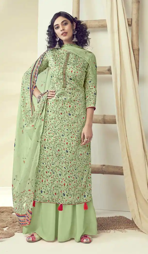 Melodic Green Color Pure Zam Cotton Pakistani Style Casual Dresses -799197520