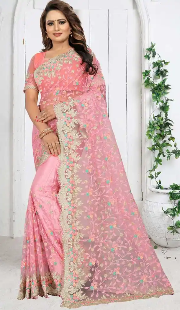 Light Pink Color Net Heavy Embroidery Bridal Wear Saree Blouse -796997318