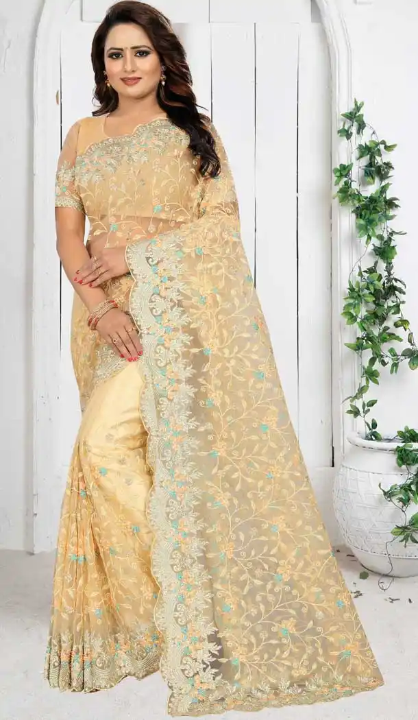 Light Yellow Color Net Heavy Embroidery Bridal Wear Saree Blouse -796997321