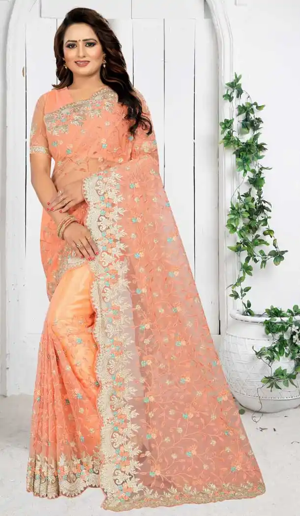 Amazing Peach Color Net Heavy Embroidery Bridal Wear Saree Blouse -796997324