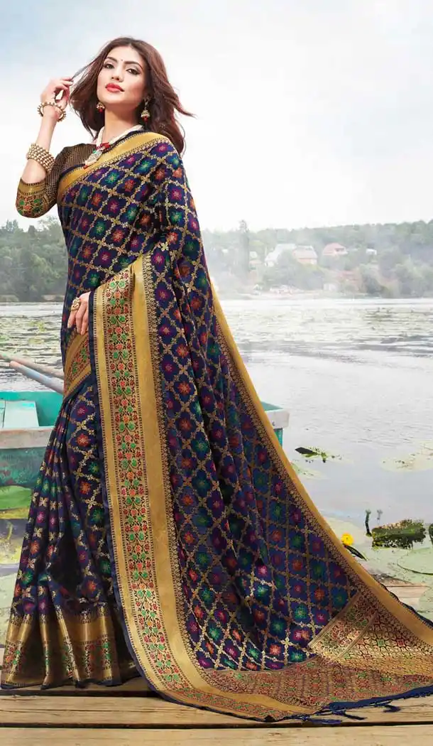 Navy Blue Color Jacquard Silk Tradetional Party Wear Saree Blouse -798197439