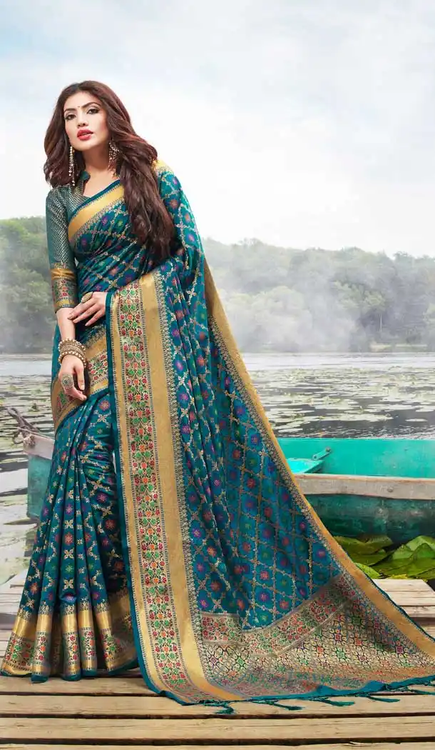 Teal Blue Color Jacquard Silk Tradetional Party Wear Saree Blouse -798197441