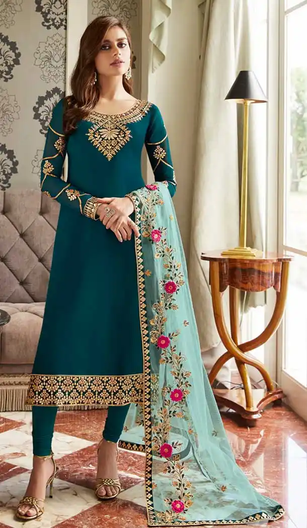 Teal Blue Color Real Georgette Heavy Embroidery Pakistani Salwar Kameez -799397559