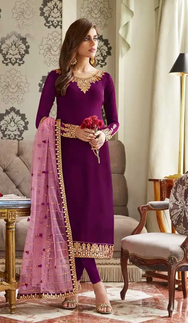 Purple Color Real Georgette Heavy Embroidery Pakistani Salwar Kameez -799397561