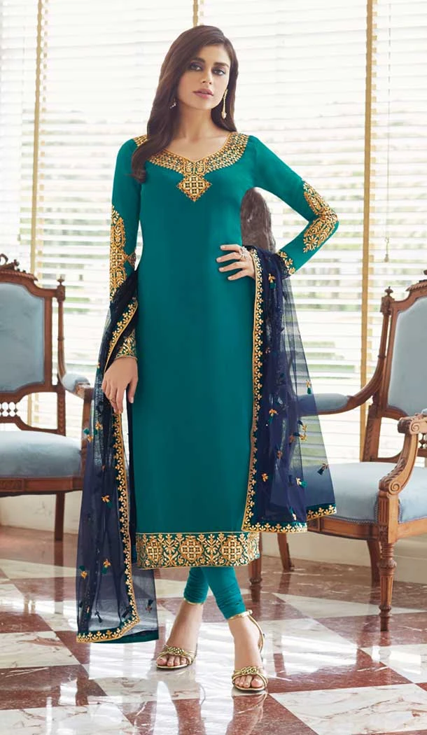 Rama Color Real Georgette Heavy Embroidery Pakistani Salwar Kameez -799397562