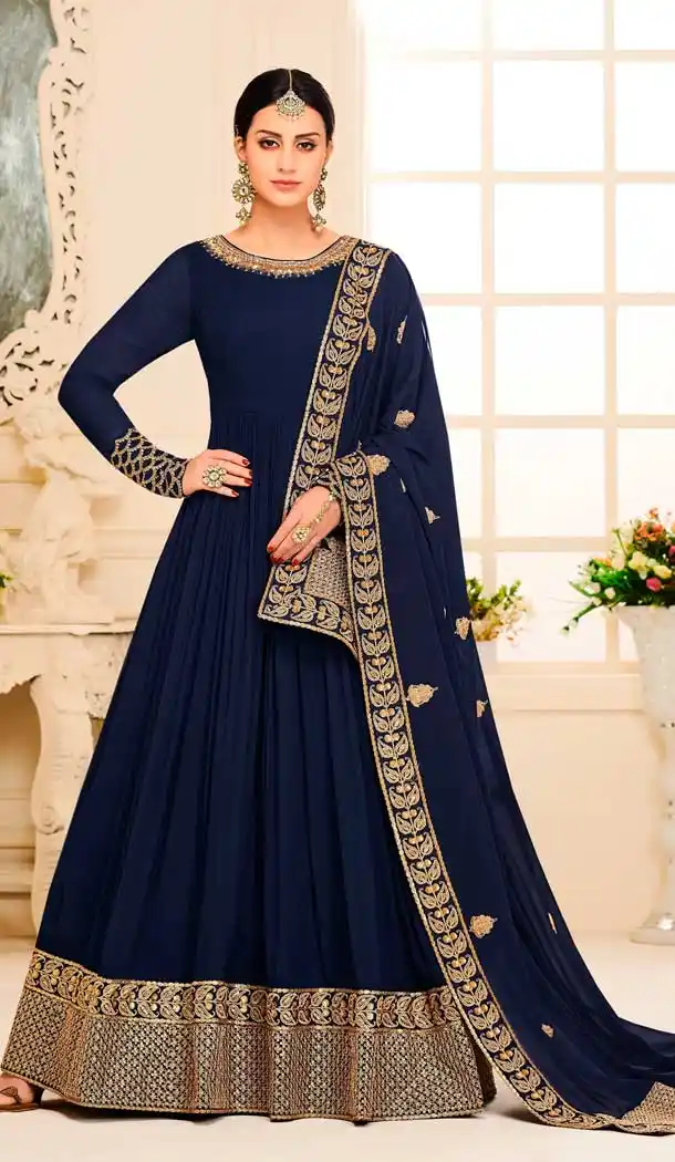 Navy Blue Color Real Mulberry Silk With Fusing Long Anarkali Salwar Kameez -799497565