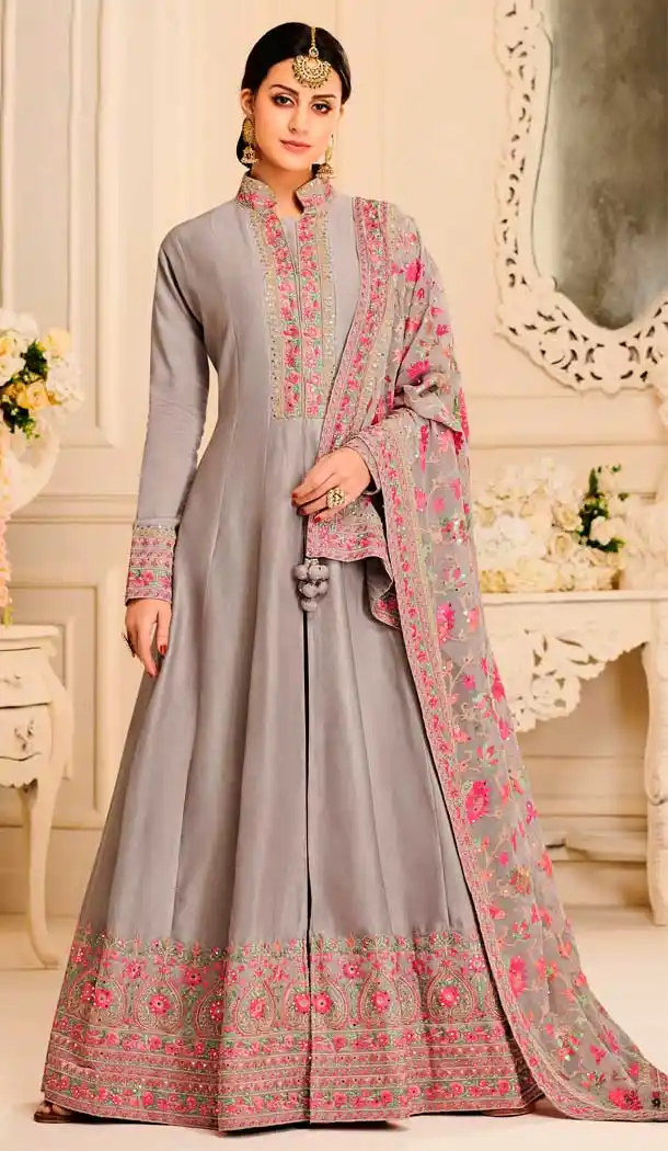 Grey Color Real Mulberry Silk With Fusing Long Anarkali Salwar Kameez -799497566
