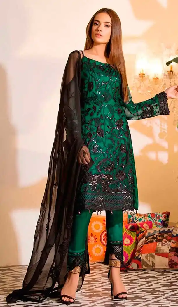 Green Color Net Heavy Embroidery Pakistani Style Salwar Kameez -799697582