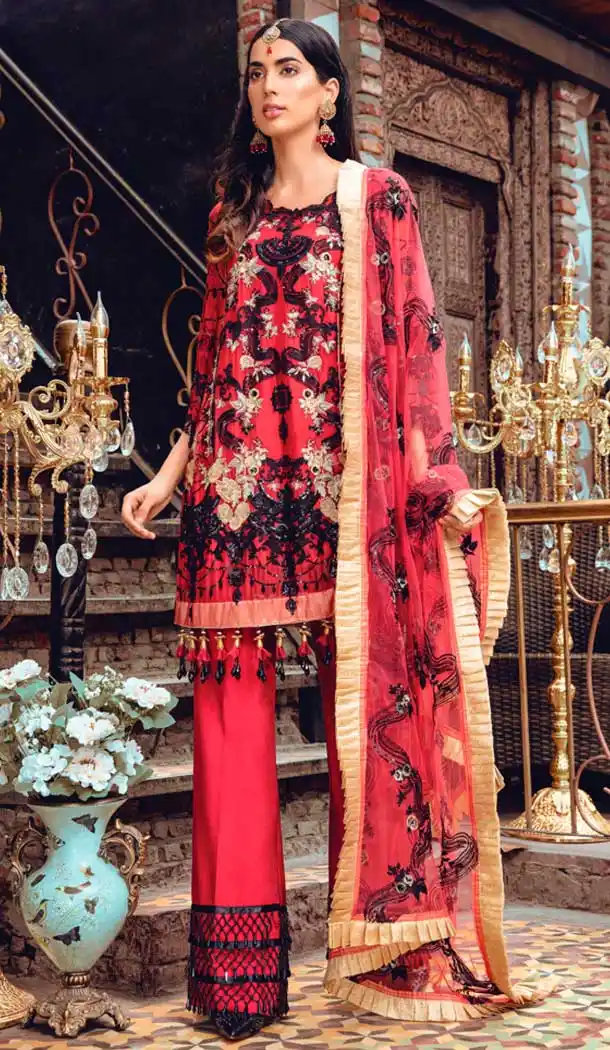 Red Color Butter Fly Net Embroidery Pakistani Salwar Kameez -799697583