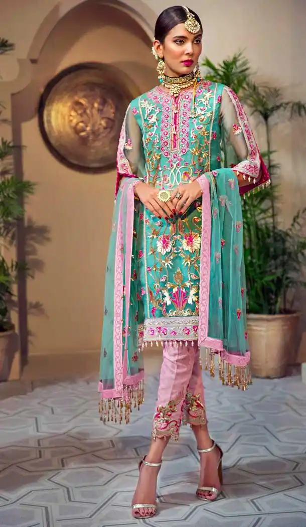 Sparkling Aqua Color Butter Fly Net Embroidery Pakistani Salwar Kameez -799697586