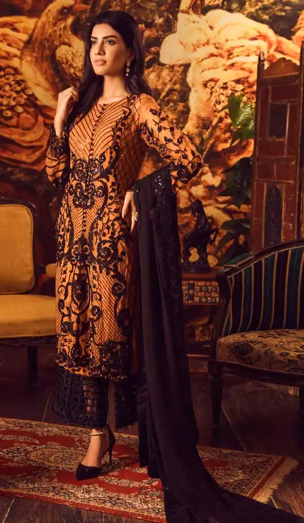 Elegant Musterd Color Georgette Embroidery Pakistani Salwar Kameez -799697590